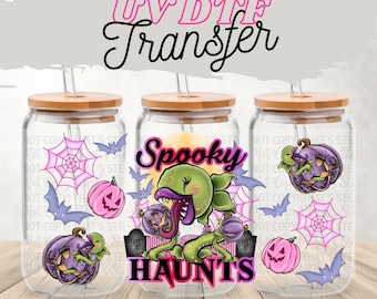 Spooky Haunts UV DTF 16 oz Glass Can Wrap | Creepy Cute Halloween Cup Wrap | Pastel Goth Pumpkin Bats Wrap | Ready to Press Decal