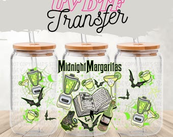 Midnight Margaritas UV DTF 16 oz Glass Can Wrap | Witchy Cocktail Cup Wrap | Green Halloween Party Wrap | Magic Margarita Drink Decal