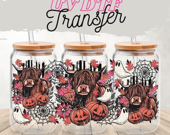 Highland Cow Halloween Glass Can Wrap: Ghosts, Pumpkins UV DTF Decal