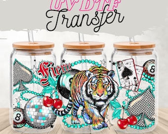 Fierce Tiger & Spades 16 oz Glass Can Wrap | Optional Lid Wrap | Bold UV DTF Tumbler Wrap | Edgy Animal Playing Card Cup Decal
