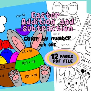 May include: A set of 12 printable Easter-themed colour by number worksheets. Each page features a different Easter-themed image, such as a bunny, eggs, and a basket. The images are divided into sections, each with a simple addition or subtraction problem. Children can colour the sections according to the answer to the maths problem.