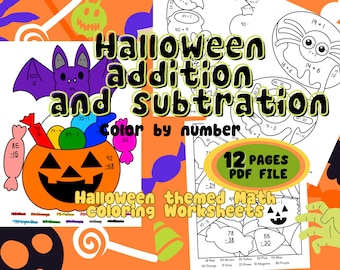 Halloween Addition and Subtraction, Color by number, 12 math worksheets, PDF Files, part 2