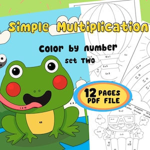 Könnte beinhalten: Ein Satz von 12 druckbaren Malvorlagen mit einfachen Multiplikationsaufgaben. Die Seiten beinhalten einen Frosch, einen Heißluftballon und einen Regenbogen. Der Text "Simple Multiplication Color by Number Set Two 12 Pages PDF File" ist auf der Seite enthalten.