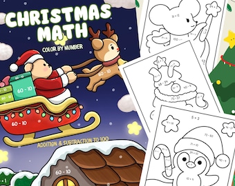 Christmas Math Coloring Pages, Addition & Subtraction Worksheets, Color by Number Christmas Activities for Kids
