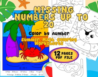 Missing Numbers 1-20, Summer pre-made coloring math worksheets, Color by Number (Digital Download)