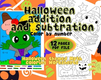 Halloween Addition and Subtraction, 12 Color by number math worksheets, part 1