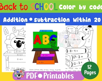 Back to school addition and subtraction numbers within 20, 12 pdf math premade worksheets