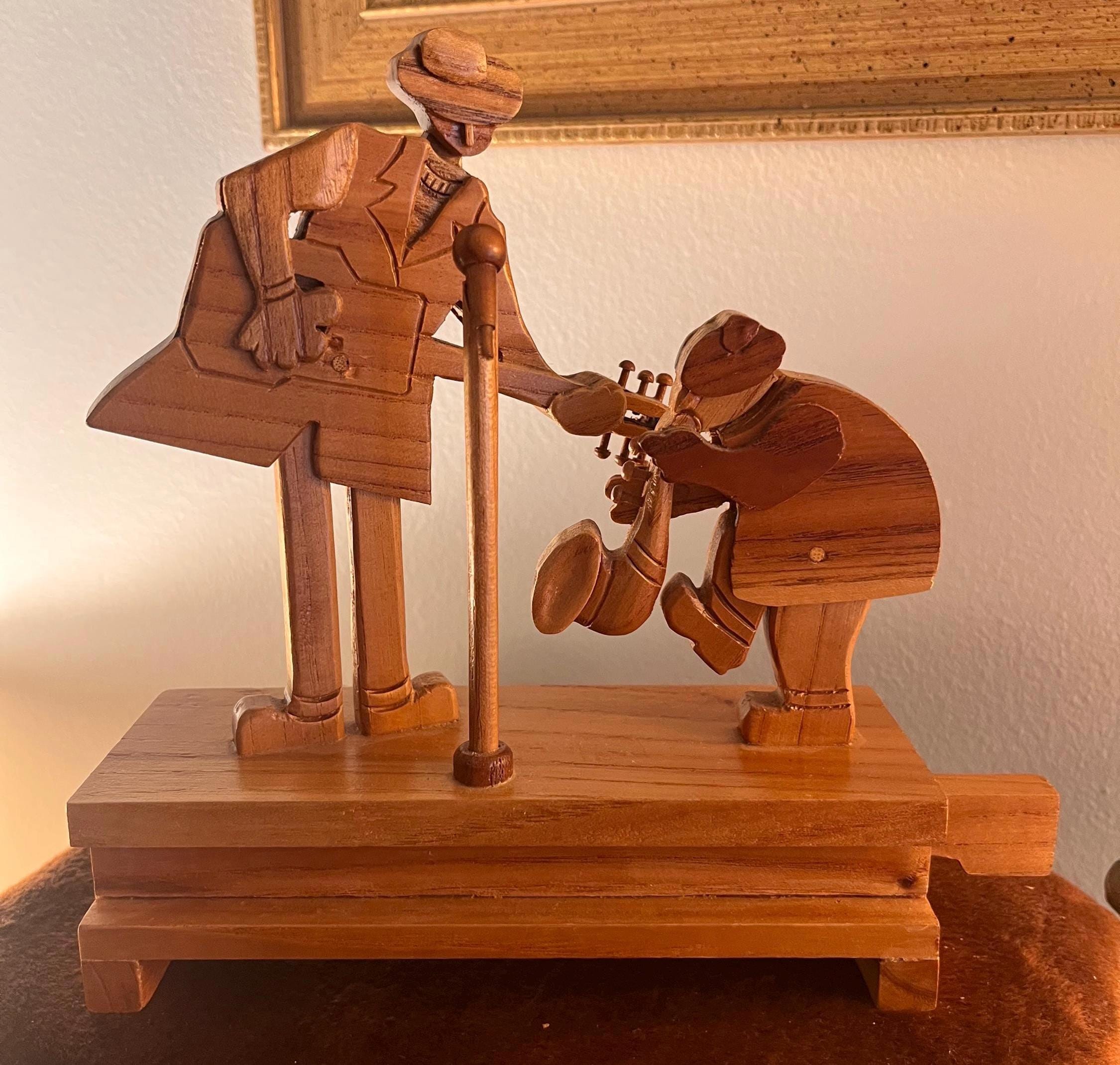 Hand-Carved Wooden Jazz Band Automaton: Kinetic Folk Art Sculpture