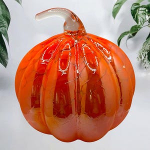 Hand Blown Glass Pumpkin Sculpture – Vibrant Orange Art Glass – Fall Harvest Home Accent – 8” Decorative Glass Pumpkin Centerpiece Halloween