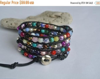 SALE 40% OFF Confetti Mixed Stone Beaded Black Leather Wrap Bracelet