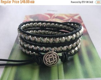 SALE 40% OFF Celtic Leather Pewter Beaded Wrap Bracelet