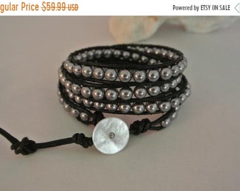 SALE 40% OFF Silver Pearl Beaded Natural  Leather Wrap Bracelet