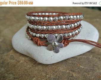 SALE 40% OFF Fleur Silver Pewter Beaded Natural Bracelet