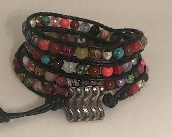 SALE 40% OFF Circus Ole  Mixed Stone Beaded Black Leather Wrap Bracelet