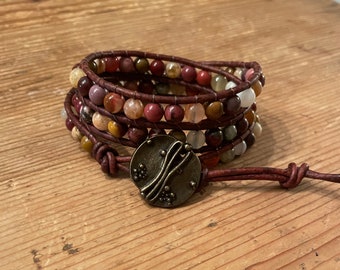 SALE 40% OFF Sakura Jasper Beaded Leather Wrap Bracelet