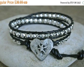 SALE 40% OFF Hearts Delight Pewter Beaded Black  Leather Wrap Bracelet