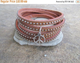 SALE 50% OFF Peace Studded Natural Leather Wrap Bracelet