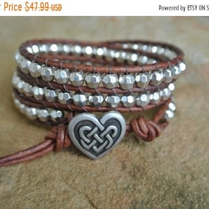 SALE 40% OFF Celtic Heart Silver Pewter Beaded Natural Leather Wrap Bracelet image 1