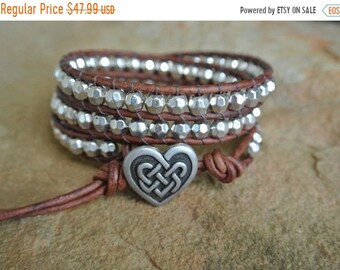 SALE 40% OFF Celtic Heart Silver Pewter Beaded Natural Leather Wrap Bracelet