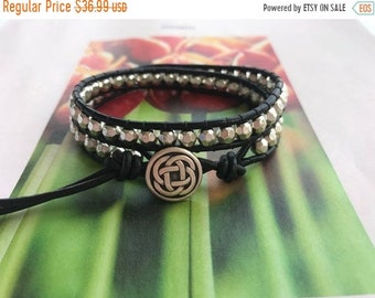 SALE 40% OFF Celtic Pewter Leather Beaded Wrap Bracelet