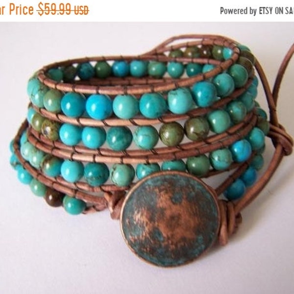 SALE 40% OFF Apache Turquoise Beaded Leather Wrap Bracelet