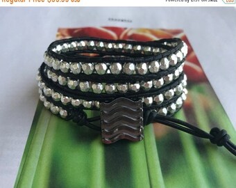 SALE 40% OFF Chantel Pewter Leather Beaded Wrap Bracelet