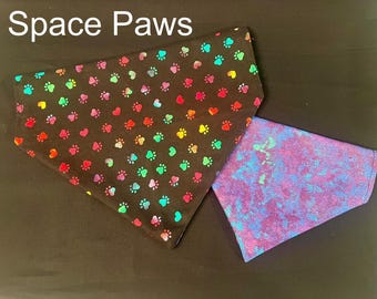 Reversible Dog Bandana, Space Paws Scarf, Over The Collar, Custom Pet Accessories