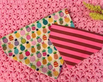 Reversible Dog Bandana, Striped & Pineapple Print, Over The Collar, Custom Pet Scarf