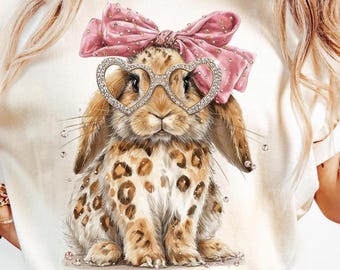Easter Bunny T-Shirt, Leopard Print Rabbit, Pink Bow Heart Glasses Tee