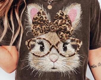 Easter Bunny leopard T-Shirt with pink bow and glasses, 100% cotton easter shortsleeve bunny T-shirt,tee