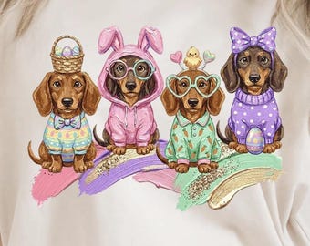 Happy Easter dachshunds , puppy easter t shirt, happy easter pastel color pups, fur baby easter costume t shirts