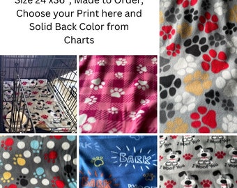 May include: Dog cage liner pads, size 24"x36", with various printed patterns. Designs include paw prints, dog illustrations, and text. The text on the pads includes "I Woof You", "Bark", and "Woof". Made to order with a solid back color.