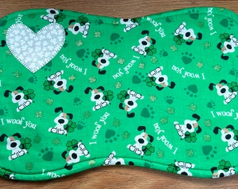 Green St Pats Reversible Cotton Quilted Dog Bone Placemat, I woof you