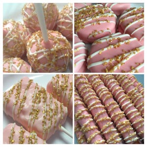 Pink and Gold Party Treat Box - 12 Cake Pops, 12 Oreos, 12 pretzels, 12 Rice Krispies - Baby Shower, Birthday, Custom Colors
