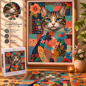 May include: A 520-piece jigsaw puzzle featuring a tabby cat with bright blue eyes surrounded by colorful floral patterns. The set includes a finished framed puzzle, a box labeled Jigsaw Puzzle 520 Pieces, and loose puzzle pieces on a surface.
