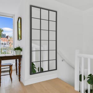 Elegant Large Tall Metal Rectangle Wall Mirror with Window Pane Design for Accent Statement Interior Home Décor