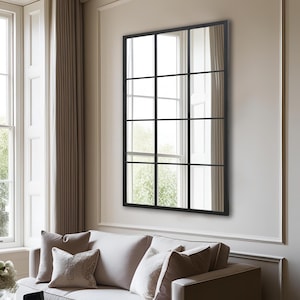 Modern Rectangle Metal Frame Window Pane Mirror, Geometric Window Grid Design Wall Mirror for Interior Home Décor