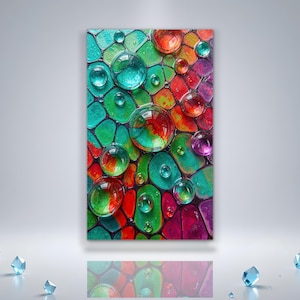 May include: Abstract art print featuring a vibrant mosaic of colorful shapes and large, clear, water droplet-like spheres. The artwork showcases a palette of green, red, orange, and purple hues, creating a visually dynamic and textured composition.