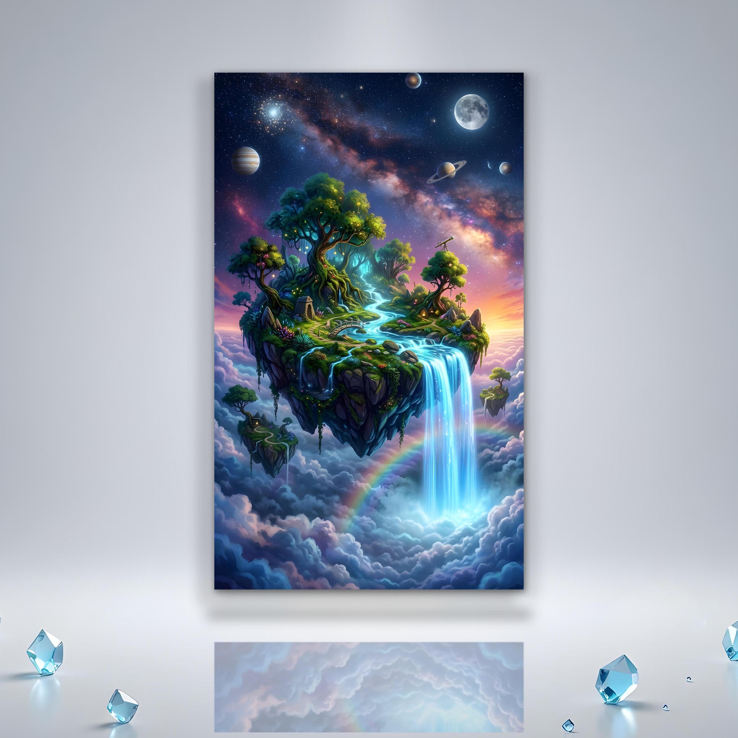 Surreal Waterfall Floating Island Tempered Glass Wall Art With Cosmic ...