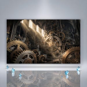 May include: A large wall art print depicting a complex mechanical interior with massive bronze-toned gears. The gears feature binary code engravings along their edges. Sunlight streams through arched windows, illuminating the industrial machinery.