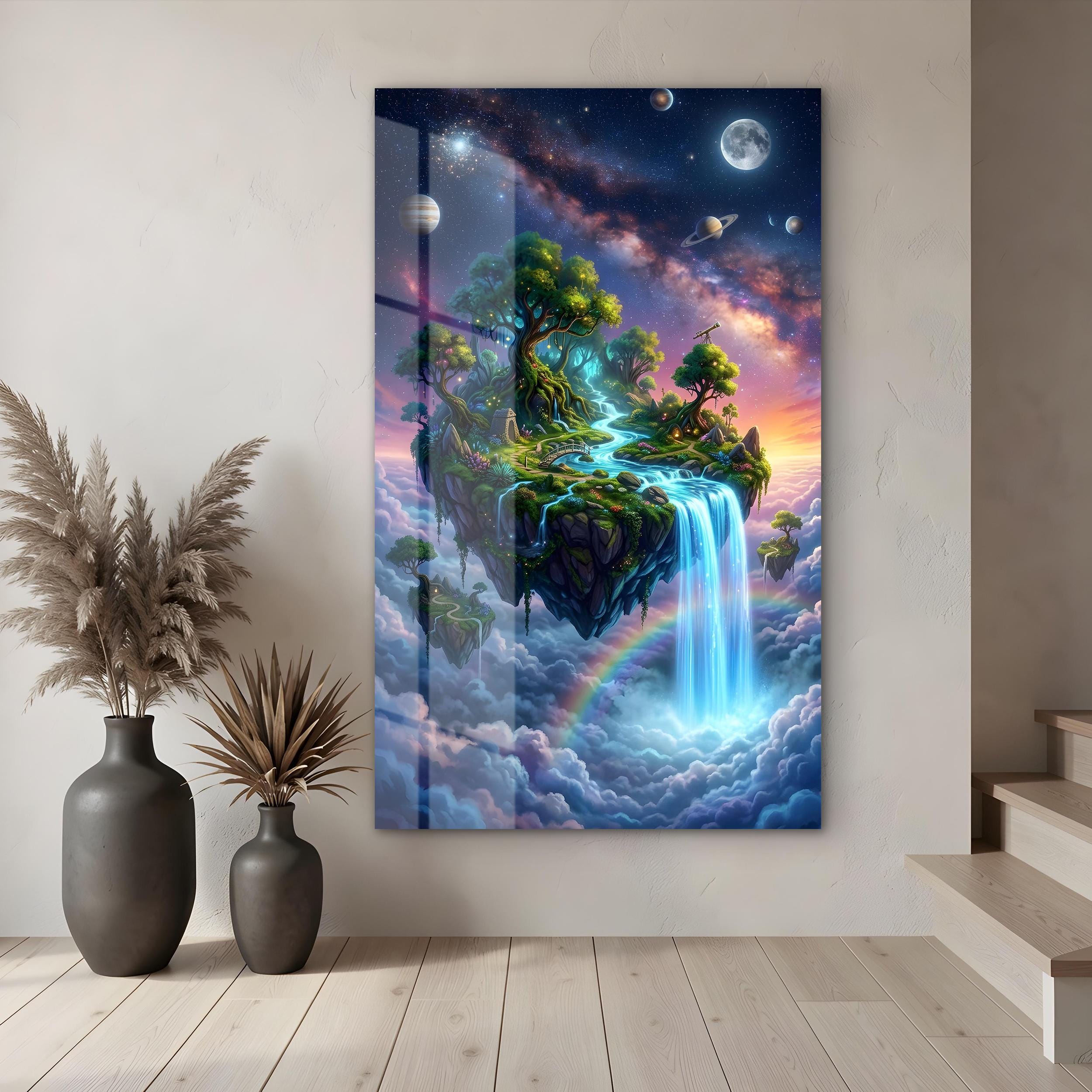 Surreal Waterfall Floating Island Tempered Glass Wall Art With Cosmic ...