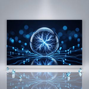 May include: A clear glass sphere containing bright blue electrical discharges that branch out from the center. The sphere sits above a reflective surface with small, scattered blue crystal-like fragments and glowing light trails.