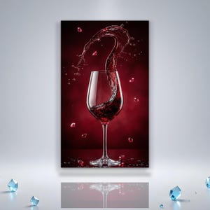 May include: A wine glass filled with red wine, with a splash of wine rising upwards. The background is a deep red color, with small droplets and shapes scattered around the glass. The glass is clear and has a long stem.