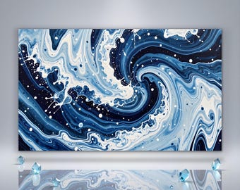 Könnte beinhalten: Abstrakter Kunstdruck mit einem wirbelnden Ozeanwellen-Design in Blau- und Weißtönen. Das Kunstwerk hat eine fließende, dynamische Komposition mit Spritzern und Punkten, die ein Gefühl von Bewegung und Tiefe erzeugt. Die Leinwand ist rechteckig.