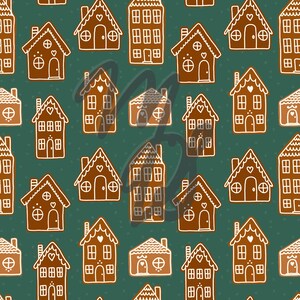 Charming Gingerbread House Seamless File; Playful earth tones. Fabric sublimation, crafts, scrapbooking, card making. Repeat digital file.