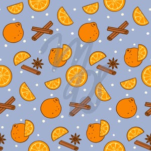 May include: A repeating pattern featuring oranges, orange slices, cinnamon sticks, and star anise on a pale blue backdrop with white dots. The oranges are whole, sliced, and segmented. The cinnamon sticks are brown, and the star anise is dark brown.