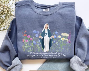 Comfort ColorsVirgin Mary Floral Sweatshirt: Miraculous Medal Catholic Tee