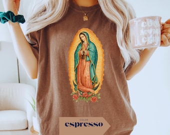 Our Lady of Guadalupe Comfort Color T-Shirt, Virgin Mary Graphic Tee, Catholic Floral Gift