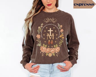 Miraculous Medal Catholic Comfort Colors Long Sleeve Tee: Virgin Mary Sacred Heart Design Shirt