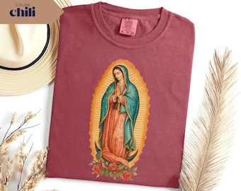 Our Lady of Guadalupe Comfort Color T-Shirt, Virgin Mary Graphic Tee, Catholic Floral Gift